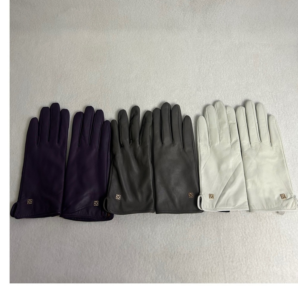 Classic Chic NAPPANOVUM Womens M Purple Grey White Leather Faux Fur Lined Gloves